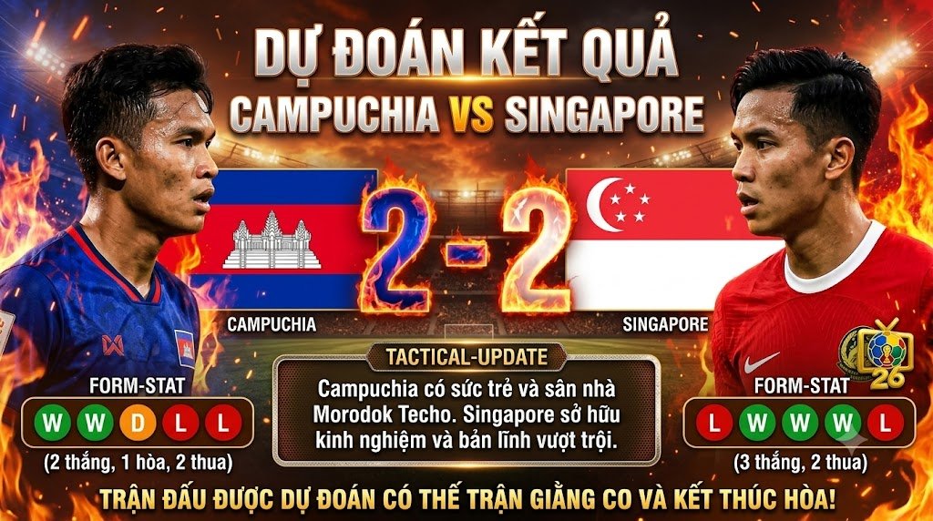 Hình ảnh dự đoán tỷ số hòa 2-2 trận Campuchia vs Singapore tại ASEAN Cup 2026, hiển thị cờ quốc gia, tỷ số khổng lồ trên nền lửa và phong độ gần đây.
