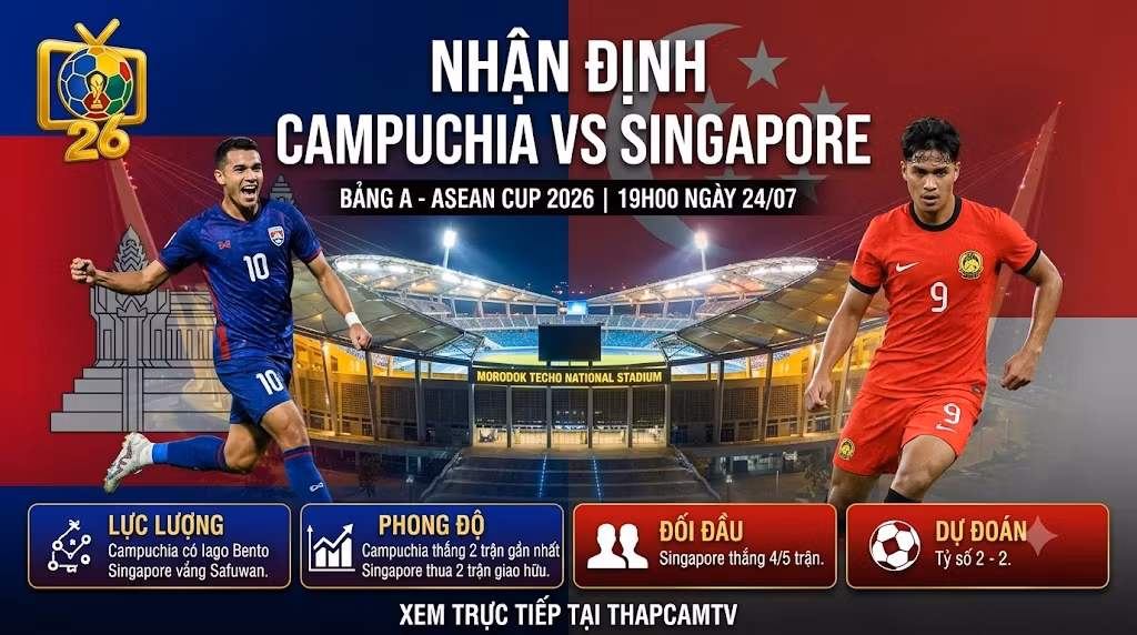 Hình ảnh bìa nhận định trận đấu Campuchia vs Singapore tại ASEAN Cup 2026, hiển thị cầu thủ hai đội và logo ThapcamTV trên nền sân Morodok Techo.