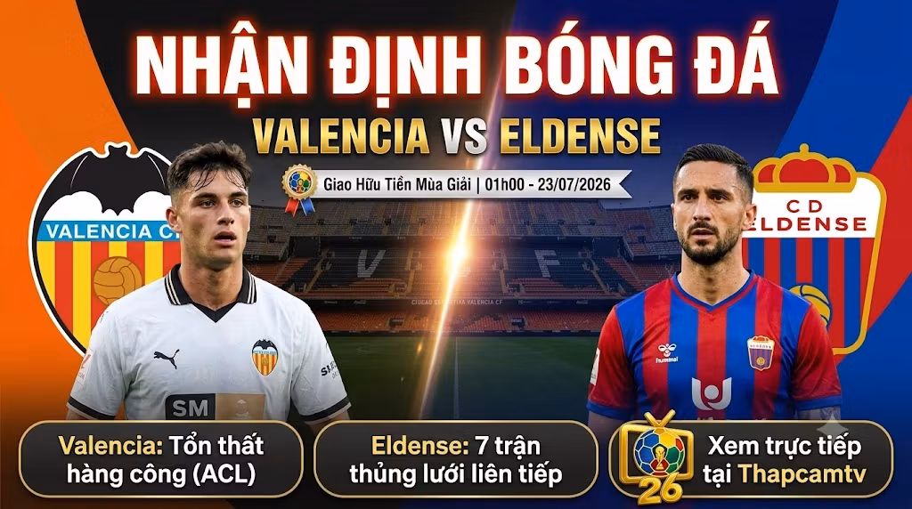 Ảnh bìa nhận định bóng đá trận giao hữu Valencia vs CD Eldense, cập nhật thông tin tổn thất lực lượng và phong độ mới nhất trên Thapcamtv.