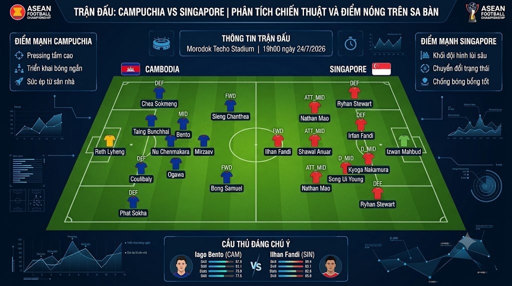 Sa bàn chiến thuật chi tiết trận Campuchia vs Singapore, hiển thị sơ đồ đội hình dự kiến, tên cầu thủ và phân tích điểm mạnh yếu của ThapcamTV.
